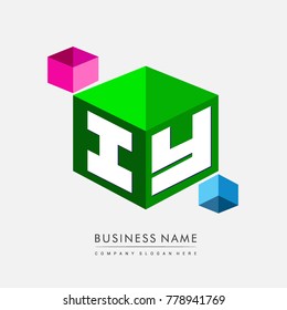 Letter IY logo in hexagon shape and green background, cube logo with letter design for company identity.
