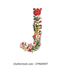 Letter J - 10 letter of the alphabet. Vector hand-drawn monogram composed of flowers, branches and leaves on a white background.