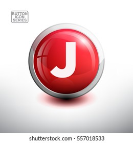 Letter J in 3D Glossy Red Button for web Icon, Education Icon and Alphabet Icon. Vector Illustration