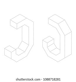 Letter J 3D isometric black and white alphabet font worksheet. coloring page for children education. connect the dots and restore dashed line game. Vector illustration.