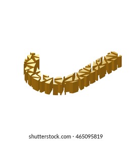 The letter J, in the alphabet broken 3d perspective isometric set gold color isolated on white background