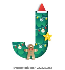 Letter J Alphabet Font Cute Merry Christmas Concept Gingerbread Man Star Christmas Hat Christmas Tree Character Font Christmas Element Cartoon Green 3D Paper Layer Cutout Card Vector Illustration
