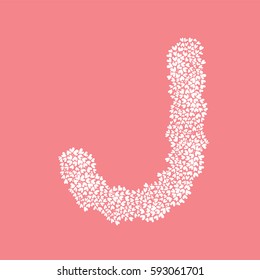The letter J, in the alphabet Heart flower bush illustration set flat design white color isolated on pink background, vector eps10