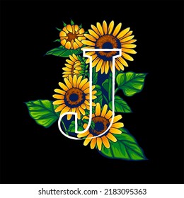 Letter J in Alphabet With Summer Themed Sunflower Illustration