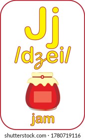Letter J. Alphabet tutorial cards collection. Vector illustration. Children alphabet flash card. Kids abc education. Learning English vocabulary. 