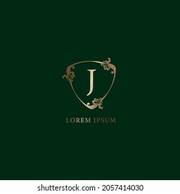 Letter J Alphabetic logo design template. Insurance logo concept isolated on dark green background. Luxury gold decorative floral shield sign illustration. 