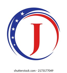 Letter J America Logo USA Flag. Patriotic American Logo Design On Letter J Template 