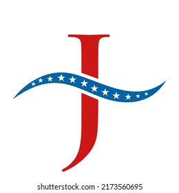 Letter J America Logo USA Flag. Patriotic American Business Logo Design On Letter J Template