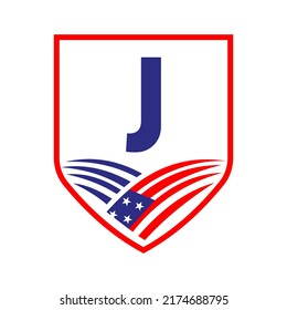 Letter J American Agriculture Logo Template. Usa Agriculture Logotype On Alphabet J Concept