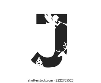 letter j with angel, deer and christmas tree. typography element for Christmas and New Year design. isolated vector image