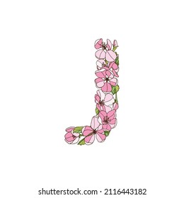 Letter J of apple tree flowers. Vector alphabet