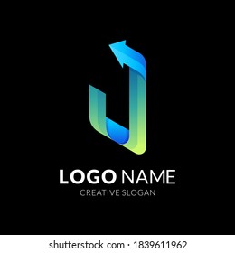 logotipo de flecha de letra J, letra J y flecha, logotipo combinado con estilo de color azul y verde 3d