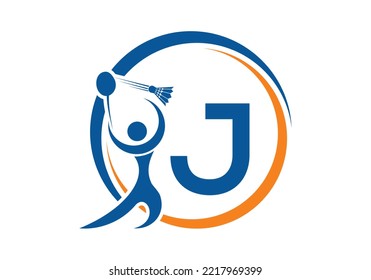 Letter J Badminton Logo Concept With Moving Badminton Icon. Badminton Sports Logotype Symbol Vector Template.