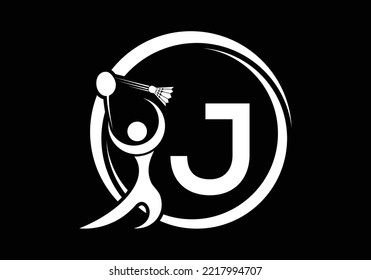 Letter J Badminton Logo Concept With Moving Badminton Icon. Badminton Sports Logotype Symbol Vector Template.