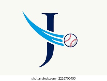 Letter J Baseball Logo Concept With Moving Baseball Icon Vector Template