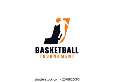 Letter J with Basketball Logo Design. Vector Design Template Elements for Sport Team or Corporate.