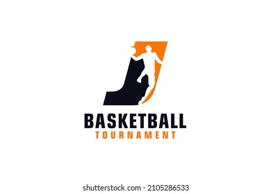 Letter J with Basketball Logo Design. Vector Design Template Elements for Sport Team or Corporate.