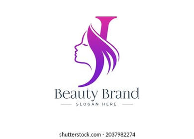 Letter J Beauty Logo Design. Woman Face Silhouette Isolated On Letter J.
