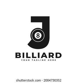 Letter J with Billiards Logo Design. Vector Design Template Elements for Sport Team or Corporate Identity.