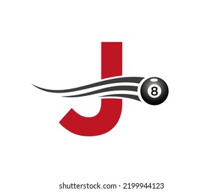 Letra J Billiards o Diseño de Logotipo de Juego de Billiard Room o Plantilla de Vector de Símbolo Club de Billar 8