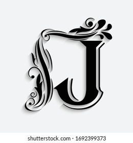 letter J. Black flower alphabet.  Beautiful capital letter with shadow