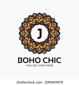 letter J boho chic round decoration vintage color mandala vector logo design element