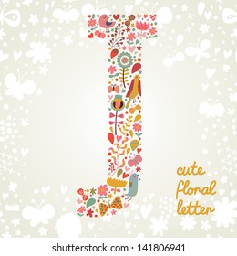 The letter J. Bright floral element of colorful alphabet made ??from birds, flowers, petals, hearts and twigs. Summer floral ABC element in vector