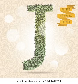 The letter J. Bright floral element of stylish alphabet made leafs. Summer floral ABC element in vector on bright background with bokeh effect