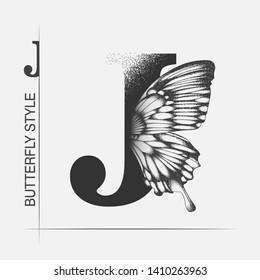 Letter J With Butterfly Silhouette. Monarch Wing Butterfly Logo Template Isolated On White Background. Calligraphic Hand Drawn Lettering Design. Alphabet Concept. Monogram Vector Illustration. EPS 10