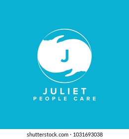 Letter J care icon.Hand help care logo template