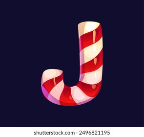 Letter J cartoon candy cane, confectionery alphabet, sweets typeface, lollypop font, type. Isolated vector typography symbol, red and white striped Christmas festive treat with glossy, shiny texture