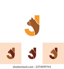 Letra J Cat Logo del símbolo de la tienda de la pata de la mascota, icono de la tienda de animales adorable, vector de clipart de la clínica veterinaria.