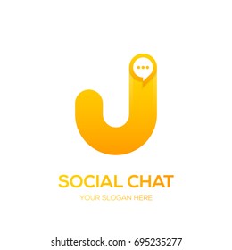 Letter J with Chat logo, Talk, Social media, Sphere speech bubble, application, digital and technology logotype