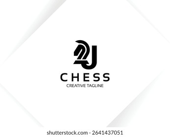 Letter J chess logo design template. Monogram knight logo