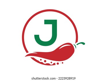 Letter J with Chili logo design. Chili logo with Letter concept vector icon logo design template.