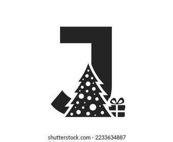 letter j with christmas tree and gift. typography element for Christmas, new year and winter holiday design. isolated vector image