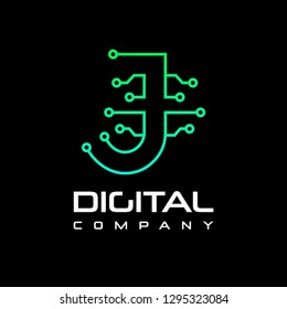 Letter J Circuit technology logo. Vector template for electronic. This logo with dot and circle symbol.