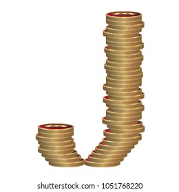 Letter J of coins. Vector font style made of enormous amount of bitcoins. Golden letters. letter on white background