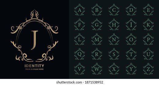 Letter J or collection initial alphabet with luxury ornament floral frame golden logo template.