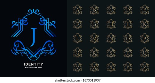 Letter J or collection initial alphabet with luxury ornament floral frame golden logo template.