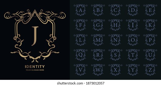 Letra J o colección alfabeto inicial con una plantilla de logotipo dorado de marco floral de lujo.