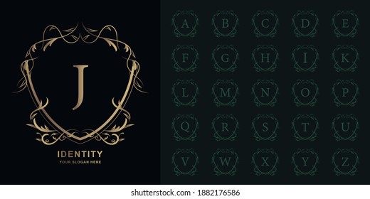 Letter J or collection initial alphabet with luxury ornament floral frame golden logo template.
