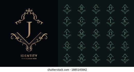 Letter J or collection initial alphabet with luxury ornament floral frame golden logo template.