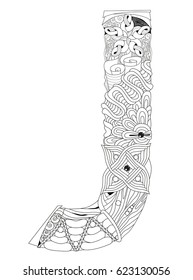 Letter J for coloring. Vector decorative zentangle object