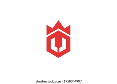 letter j combined iron head helmet or mask, with king crown, simple elegant logo design