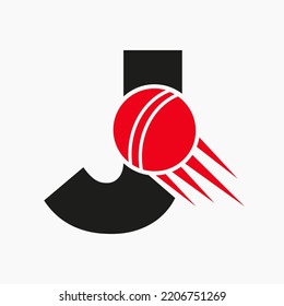 Letter J Cricket Logo Concept With Moving Cricket Ball Icon. Cricket Sports Logotype Symbol Vector Template
