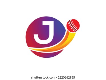 El Concepto Del Logo Del Cricket De La Carta J Con El Icono De La Pelota De Cricket. Diseño de plantilla vectorial de tipo de logotipo para deportes de cricket.