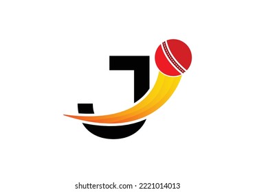 Letter J Cricket Logo Concept With Moving Cricket Ball Icon. Cricket Sports Logotype Symbol Vector Template Design.