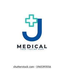 Letra J cruz más logo. Usable para negocios, ciencias, salud, medicina, hospitales y logotipos de la naturaleza.