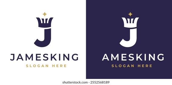 Letra J con concepto de diseño de logotipo de corona. J inicial con Monograma elegante del símbolo del monarca con el símbolo real para el lujo y la marca de Premium. Logo de J Alphabet Ilustración vectorial